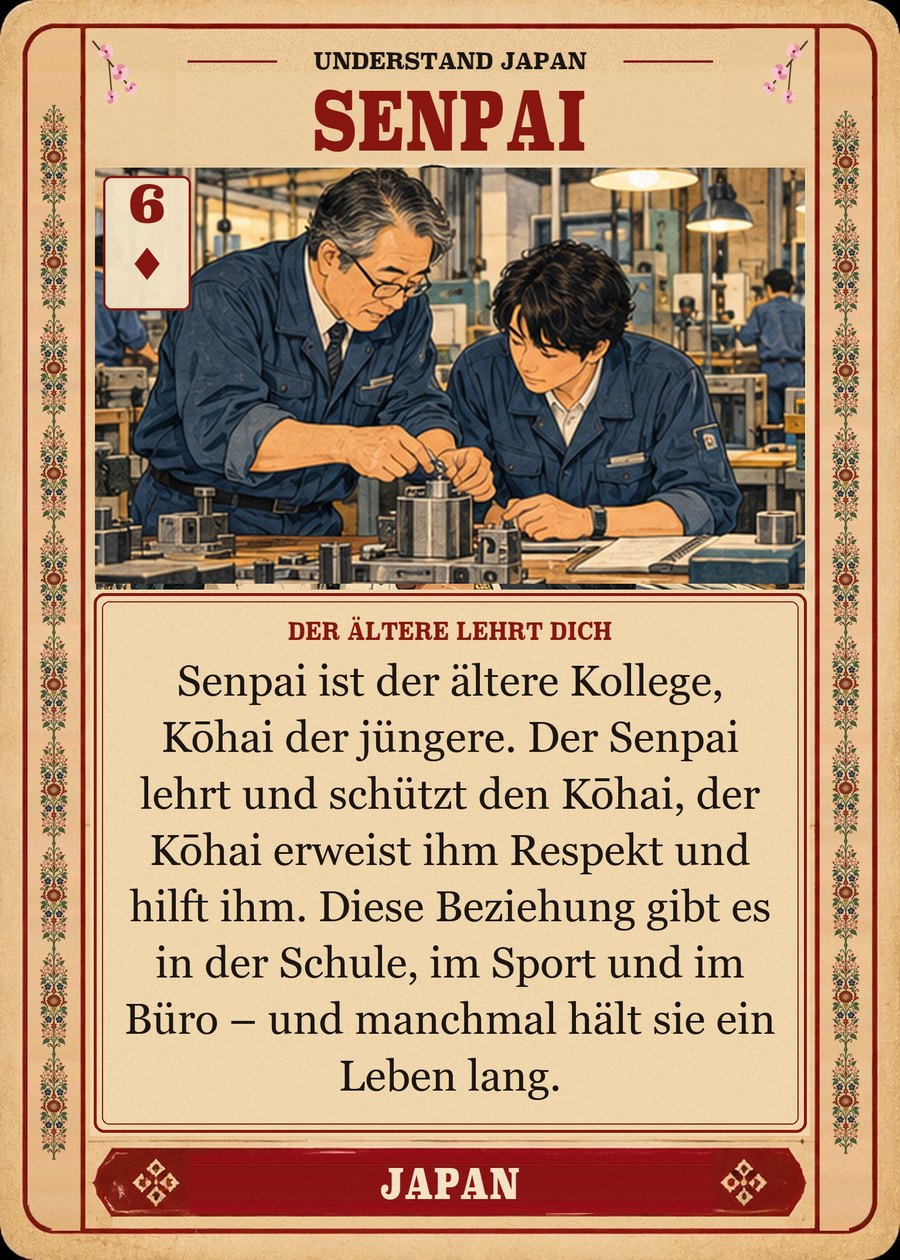 SENPAI — der Ältere lehrt dich. Senpai ist der ältere Kollege, Kōhai der jüngere. Der Senpai lehrt und schützt den Kōhai, der Kōhai erweist ihm Respekt und hilft ihm. Diese Beziehung gibt es in der Schule, im Sport und im Büro – und manchmal hält sie ein Leben lang.
