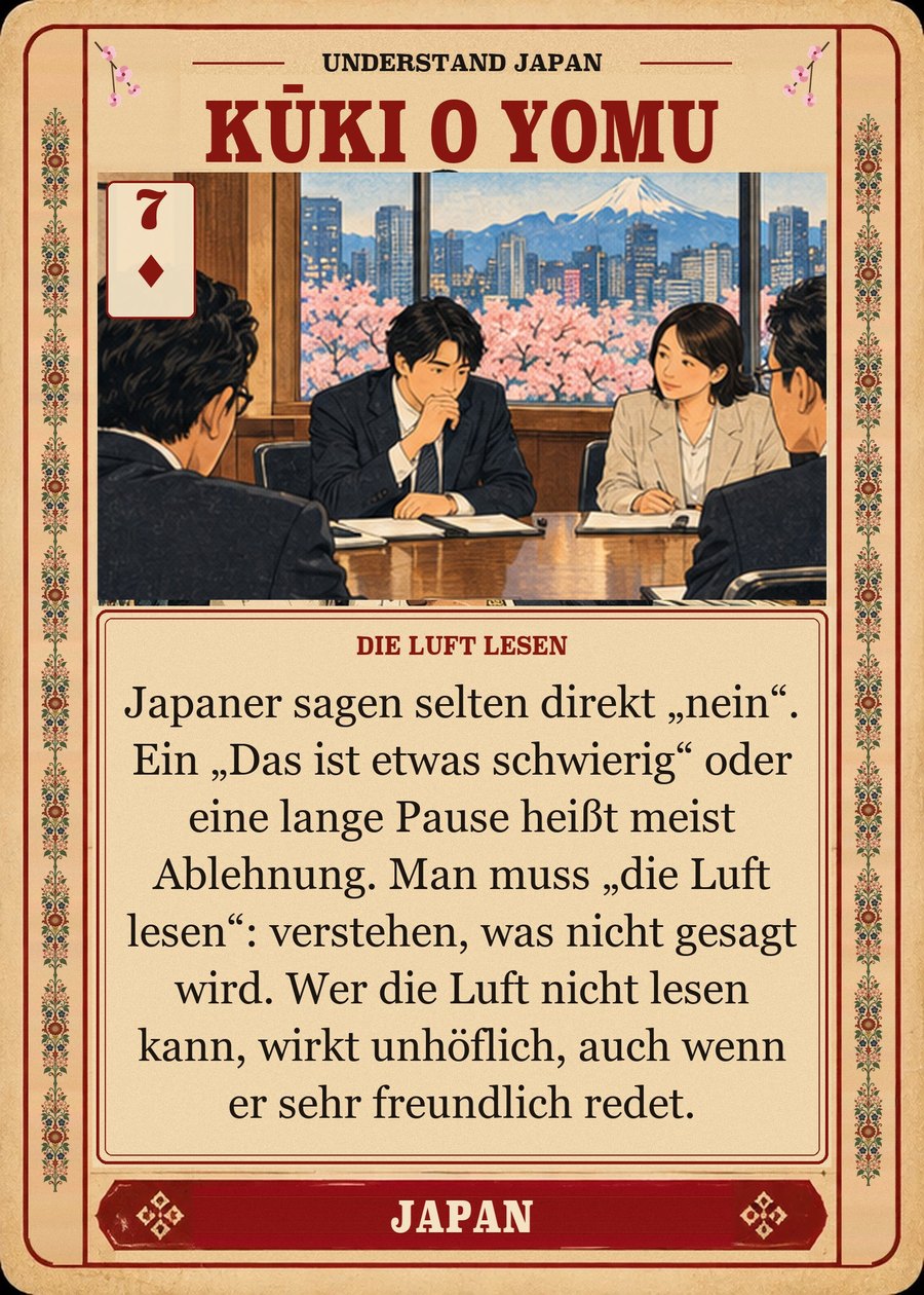 KŪKI O YOMU — die Luft lesen. Japaner sagen selten direkt „nein“. Ein „Das ist etwas schwierig“ oder eine lange Pause heißt meist Ablehnung. Man muss „die Luft lesen“: verstehen, was nicht gesagt wird. Wer die Luft nicht lesen kann, wirkt unhöflich, auch wenn er sehr freundlich redet.