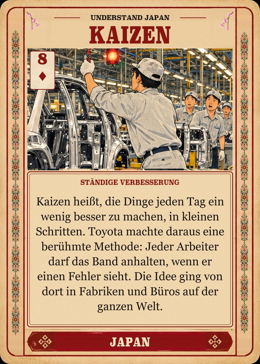 KAIZEN — ständige Verbesserung. Kaizen heißt, die Dinge jeden Tag ein wenig besser zu machen, in kleinen Schritten. Toyota machte daraus eine berühmte Methode: Jeder Arbeiter darf das Band anhalten, wenn er einen Fehler sieht. Die Idee ging von dort in Fabriken und Büros auf der ganzen Welt.