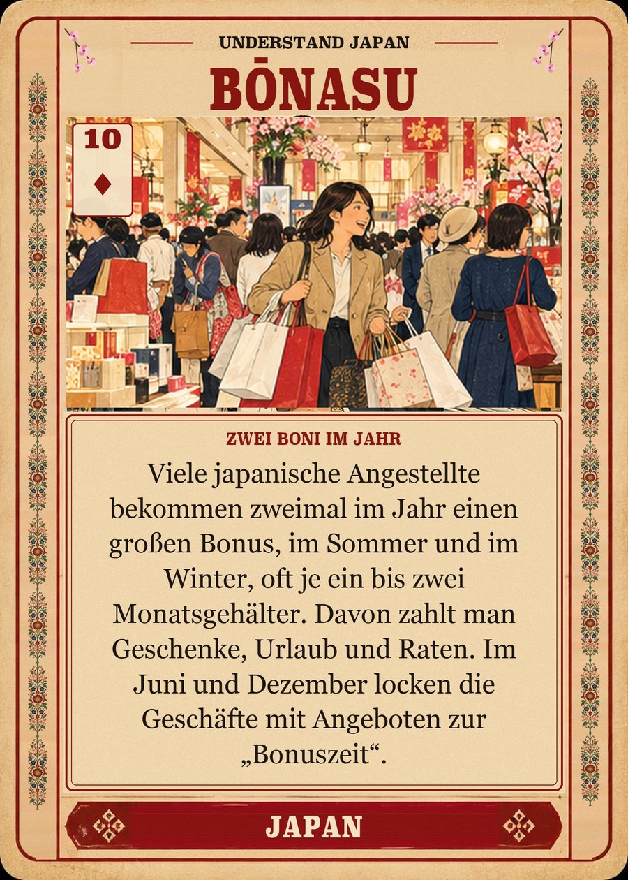 BŌNASU — zwei Boni im Jahr. Viele japanische Angestellte bekommen zweimal im Jahr einen großen Bonus, im Sommer und im Winter, oft je ein bis zwei Monatsgehälter. Davon zahlt man Geschenke, Urlaub und Raten. Im Juni und Dezember locken die Geschäfte mit Angeboten zur „Bonuszeit“.