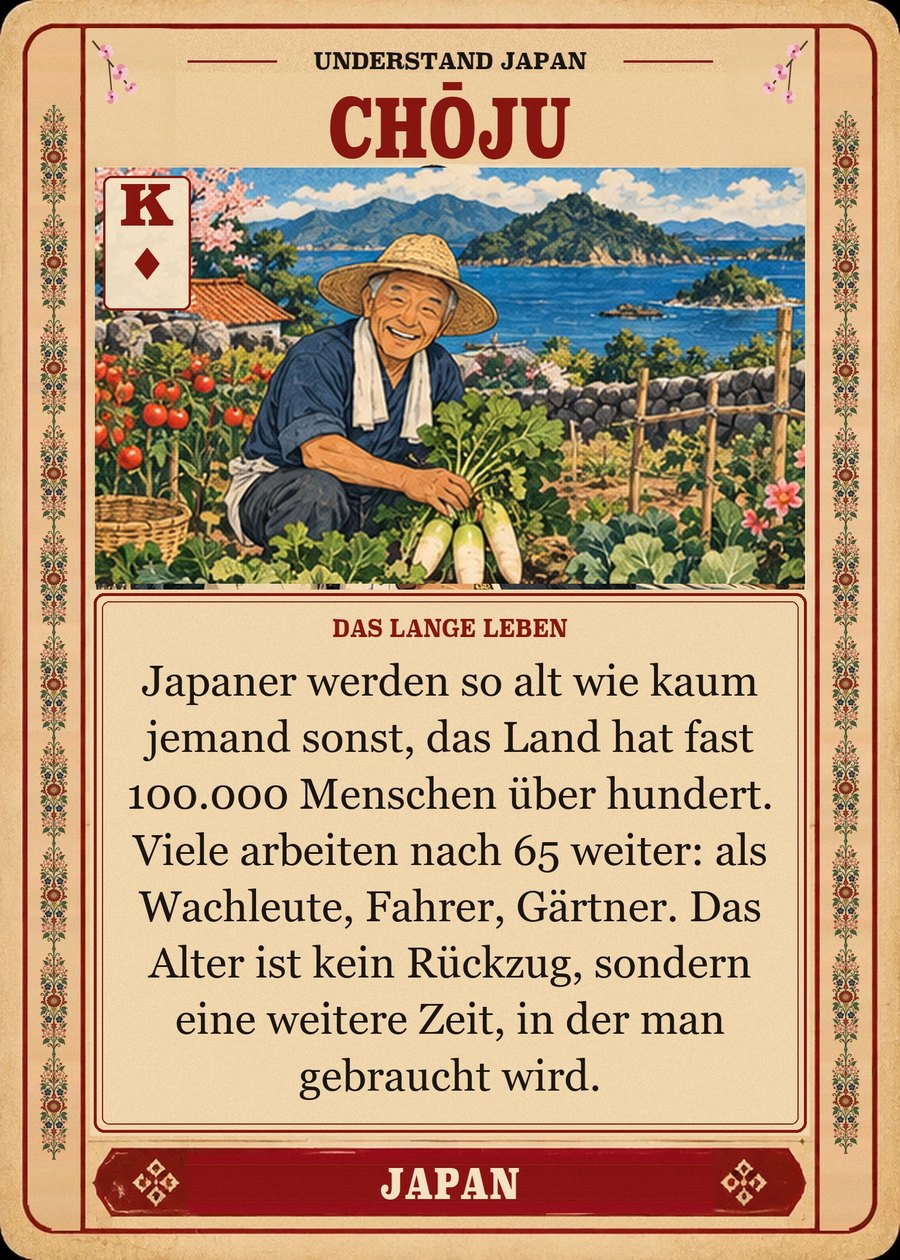 CHŌJU — das lange Leben. Japaner werden so alt wie kaum jemand sonst, das Land hat fast 100.000 Menschen über hundert. Viele arbeiten nach 65 weiter: als Wachleute, Fahrer, Gärtner. Das Alter ist kein Rückzug, sondern eine weitere Zeit, in der man gebraucht wird.