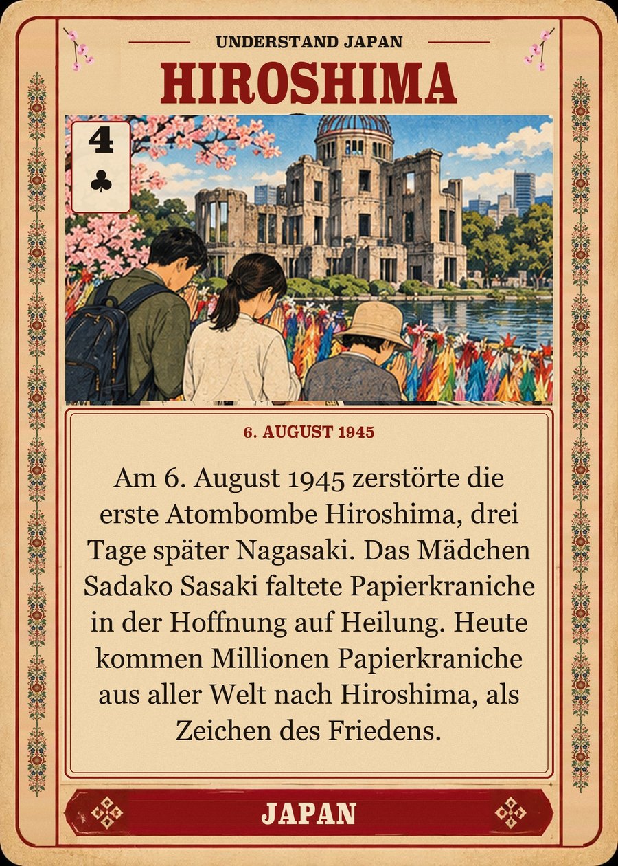 HIROSHIMA — 6. August 1945. Am 6. August 1945 zerstörte die erste Atombombe Hiroshima, drei Tage später Nagasaki. Das Mädchen Sadako Sasaki faltete Papierkraniche in der Hoffnung auf Heilung. Heute kommen Millionen Papierkraniche aus aller Welt nach Hiroshima, als Zeichen des Friedens.