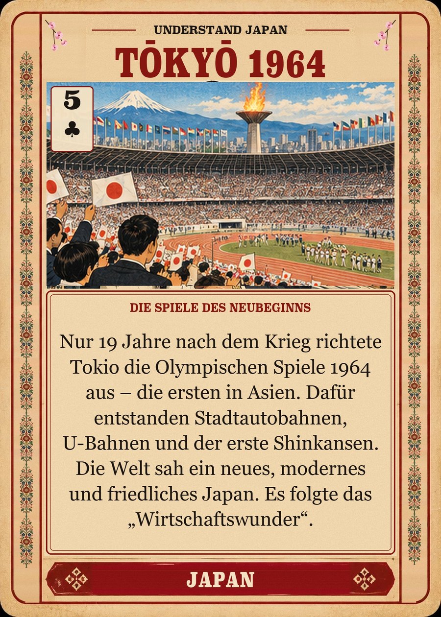 TŌKYŌ 1964 — die Spiele des Neubeginns. Nur 19 Jahre nach dem Krieg richtete Tokio die Olympischen Spiele 1964 aus – die ersten in Asien. Dafür entstanden Stadtautobahnen, U-Bahnen und der erste Shinkansen. Die Welt sah ein neues, modernes und friedliches Japan. Es folgte das „Wirtschaftswunder“.