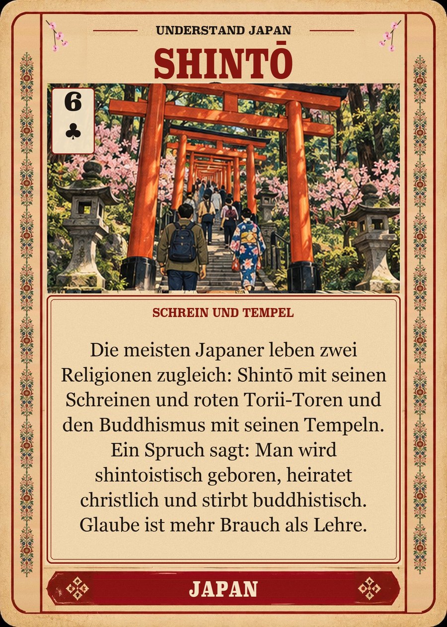 SHINTŌ — Schrein und Tempel. Die meisten Japaner leben zwei Religionen zugleich: Shintō mit seinen Schreinen und roten Torii-Toren und den Buddhismus mit seinen Tempeln. Ein Spruch sagt: Man wird shintoistisch geboren, heiratet christlich und stirbt buddhistisch. Glaube ist mehr Brauch als Lehre.