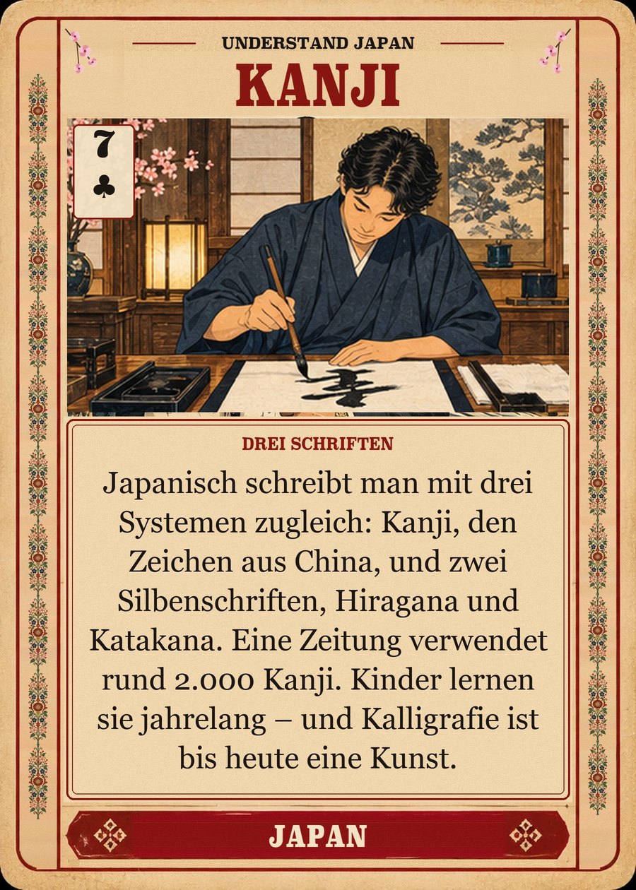KANJI — drei Schriften. Japanisch schreibt man mit drei Systemen zugleich: Kanji, den Zeichen aus China, und zwei Silbenschriften, Hiragana und Katakana. Eine Zeitung verwendet rund 2.000 Kanji. Kinder lernen sie jahrelang – und Kalligrafie ist bis heute eine Kunst.