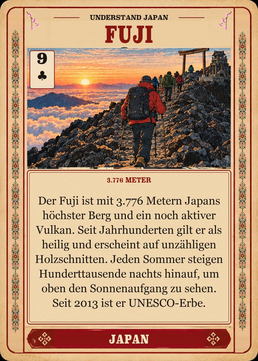 FUJI — 3.776 Meter. Der Fuji ist mit 3.776 Metern Japans höchster Berg und ein noch aktiver Vulkan. Seit Jahrhunderten gilt er als heilig und erscheint auf unzähligen Holzschnitten. Jeden Sommer steigen Hunderttausende nachts hinauf, um oben den Sonnenaufgang zu sehen. Seit 2013 ist er UNESCO-Erbe.