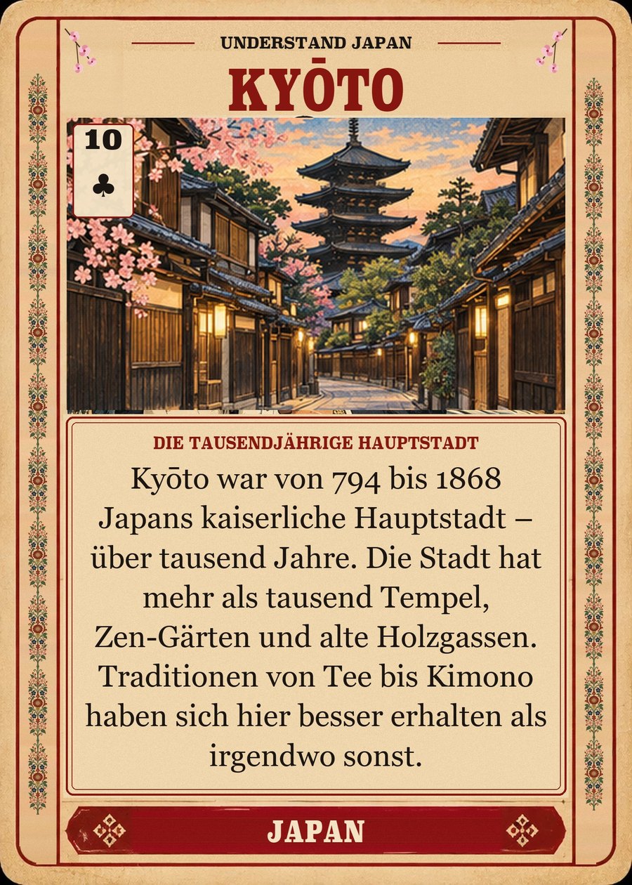 KYŌTO — die tausendjährige Hauptstadt. Kyōto war von 794 bis 1868 Japans kaiserliche Hauptstadt – über tausend Jahre. Die Stadt hat mehr als tausend Tempel, Zen-Gärten und alte Holzgassen. Traditionen von Tee bis Kimono haben sich hier besser erhalten als irgendwo sonst.