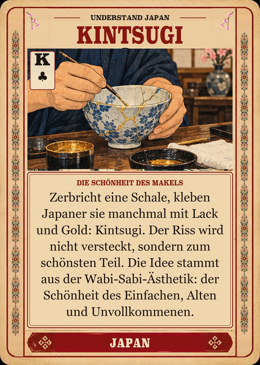 KINTSUGI — die Schönheit des Makels. Zerbricht eine Schale, kleben Japaner sie manchmal mit Lack und Gold: Kintsugi. Der Riss wird nicht versteckt, sondern zum schönsten Teil. Die Idee stammt aus der Wabi-Sabi-Ästhetik: der Schönheit des Einfachen, Alten und Unvollkommenen.