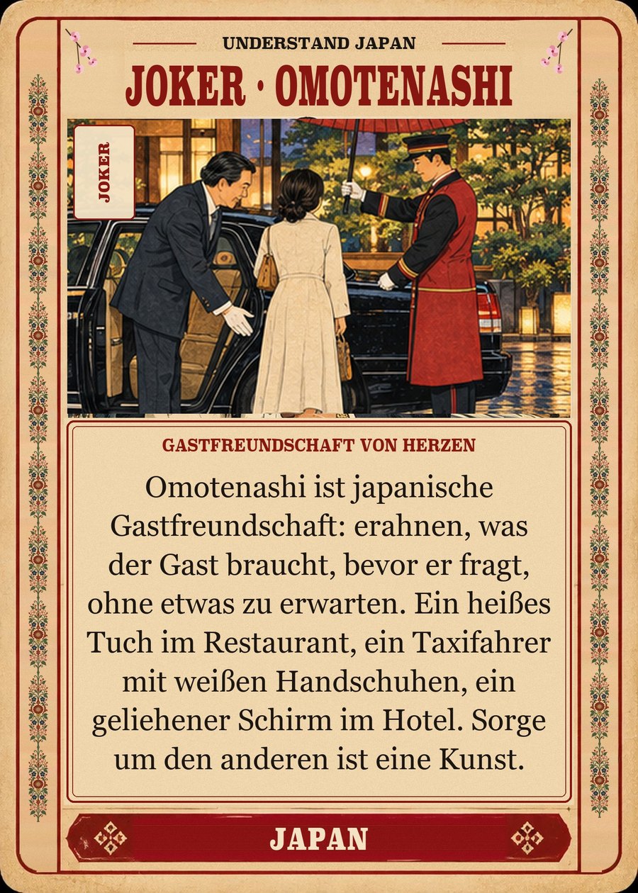 JOKER · OMOTENASHI — Gastfreundschaft von Herzen. Omotenashi ist japanische Gastfreundschaft: erahnen, was der Gast braucht, bevor er fragt, ohne etwas zu erwarten. Ein heißes Tuch im Restaurant, ein Taxifahrer mit weißen Handschuhen, ein geliehener Schirm im Hotel. Sorge um den anderen ist eine Kunst.