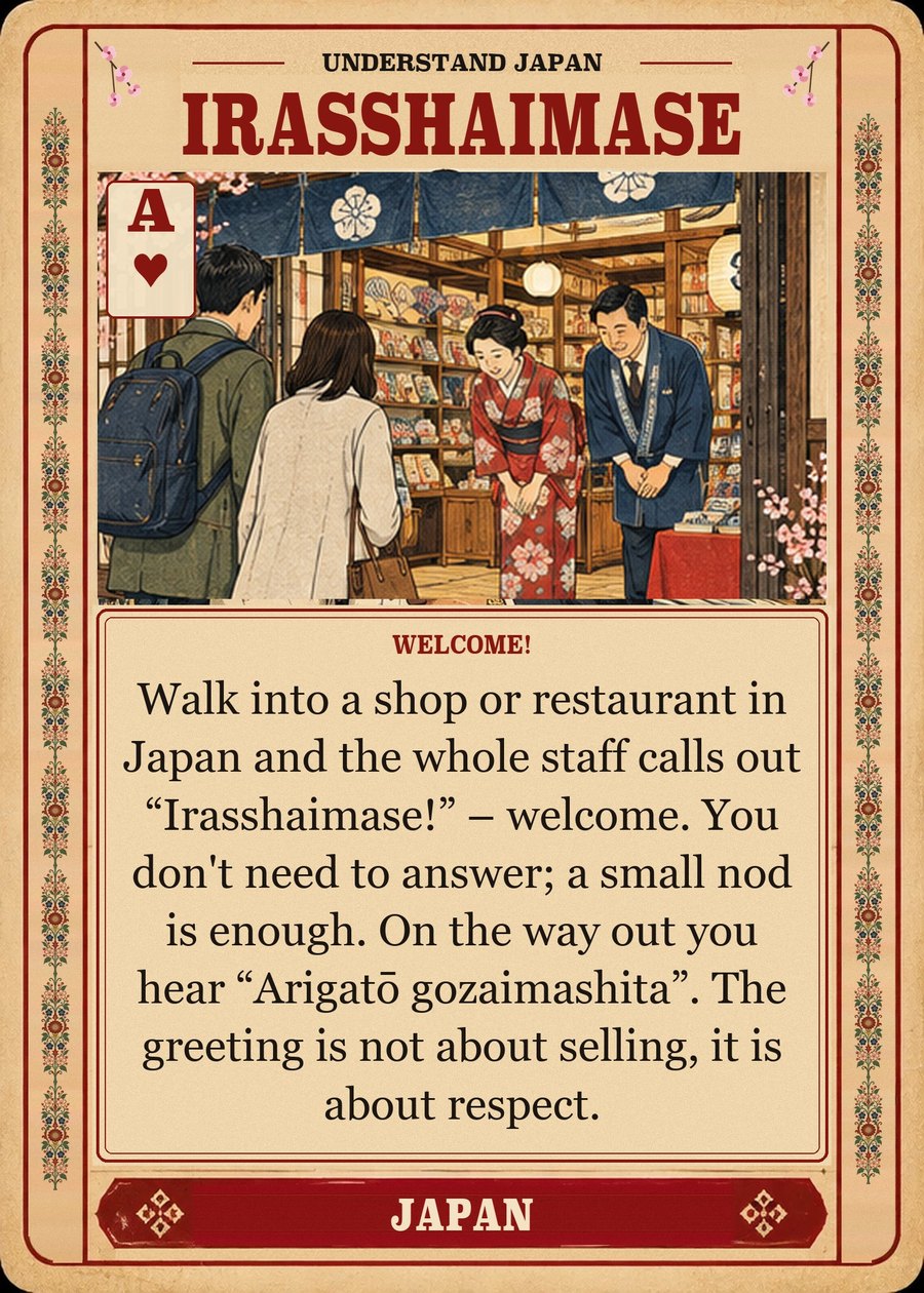 IRASSHAIMASE — welcome!. Walk into a shop or restaurant in Japan and the whole staff calls out “Irasshaimase!” – welcome. You don't need to answer; a small nod is enough. On the way out you hear “Arigatō gozaimashita”. The greeting is not about selling, it is about respect.