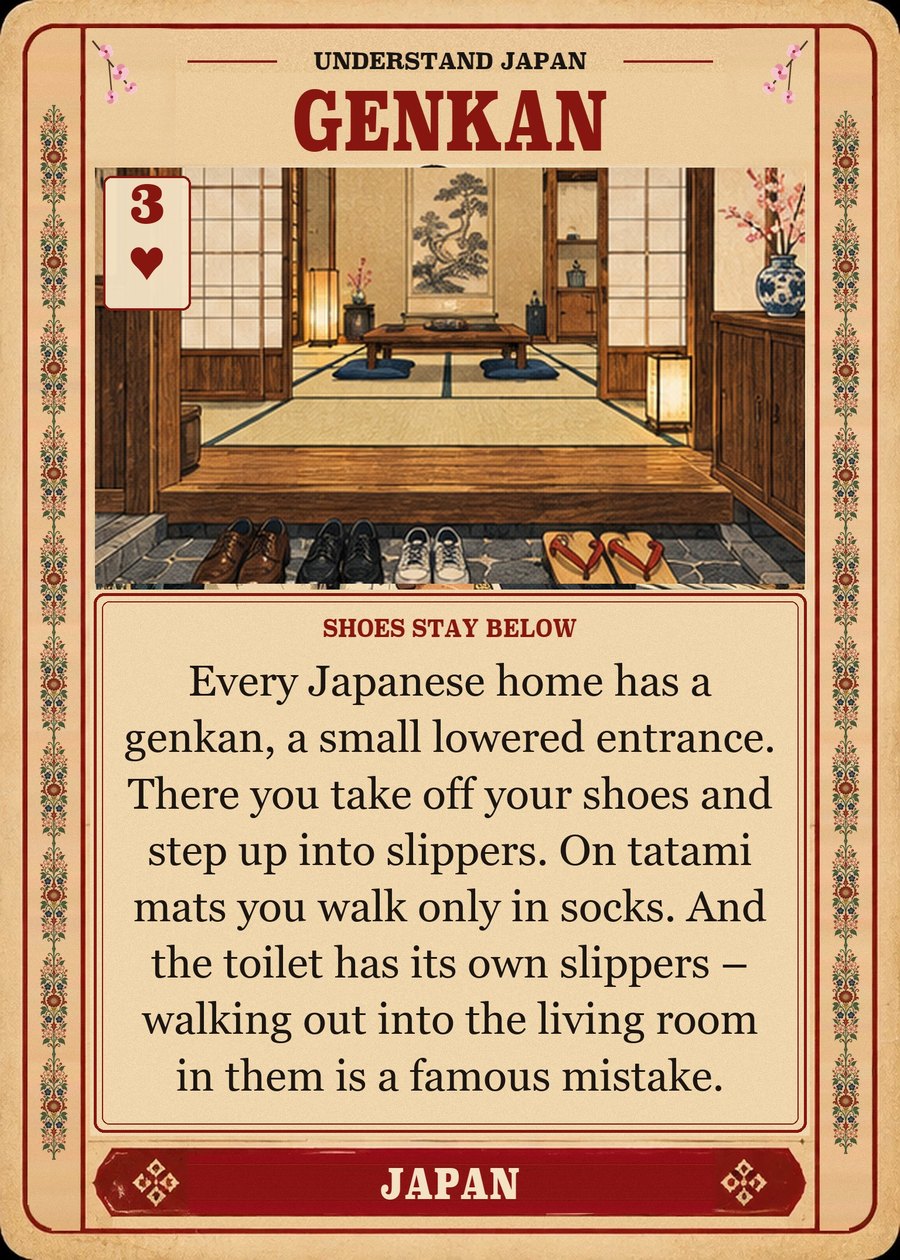 GENKAN — shoes stay below. Every Japanese home has a genkan, a small lowered entrance. There you take off your shoes and step up into slippers. On tatami mats you walk only in socks. And the toilet has its own slippers – walking out into the living room in them is a famous mistake.