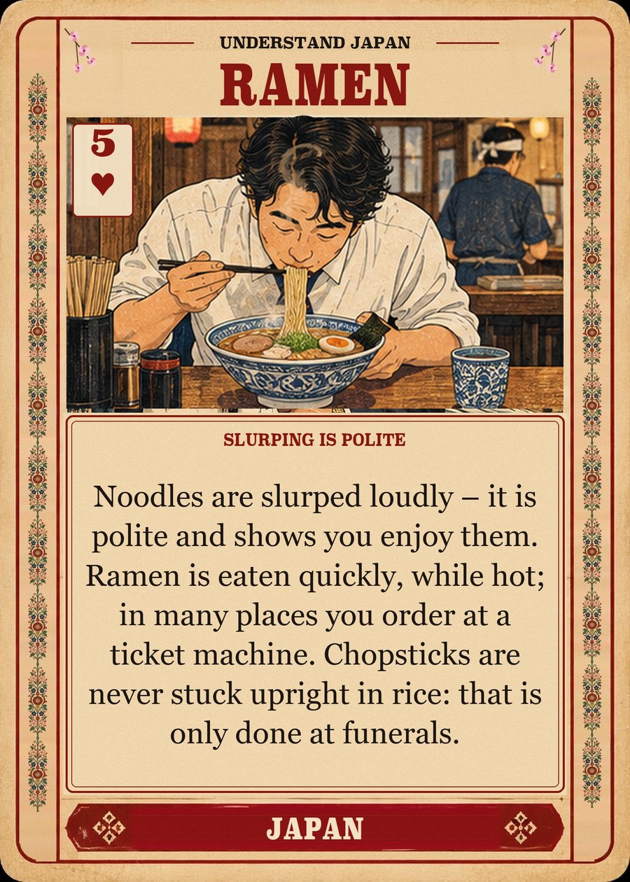 RAMEN — slurping is polite. Noodles are slurped loudly – it is polite and shows you enjoy them. Ramen is eaten quickly, while hot; in many places you order at a ticket machine. Chopsticks are never stuck upright in rice: that is only done at funerals.
