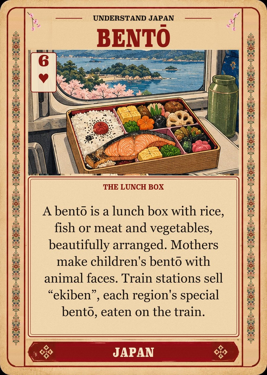 BENTŌ — the lunch box. A bentō is a lunch box with rice, fish or meat and vegetables, beautifully arranged. Mothers make children's bentō with animal faces. Train stations sell “ekiben”, each region's special bentō, eaten on the train.