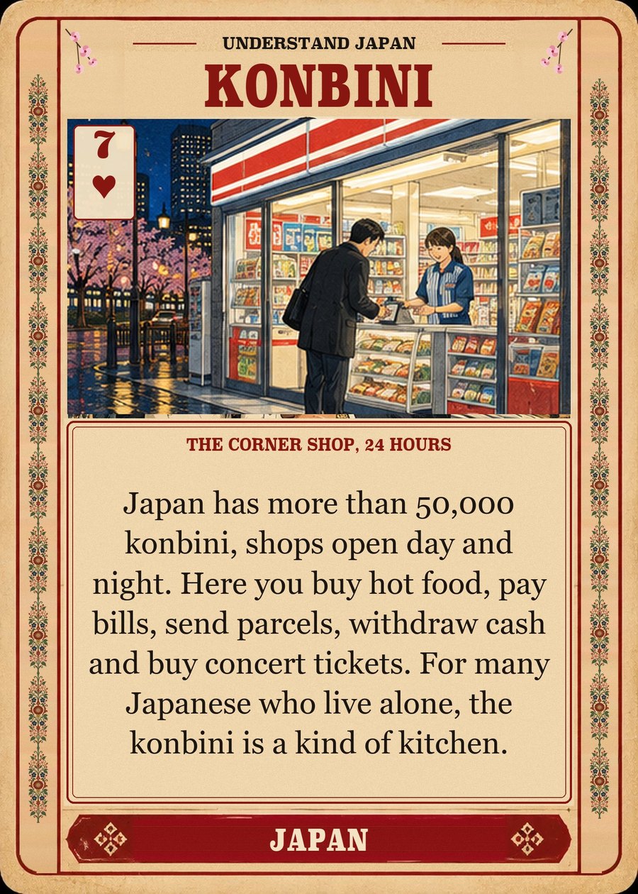 KONBINI — the corner shop, 24 hours. Japan has more than 50,000 konbini, shops open day and night. Here you buy hot food, pay bills, send parcels, withdraw cash and buy concert tickets. For many Japanese who live alone, the konbini is a kind of kitchen.