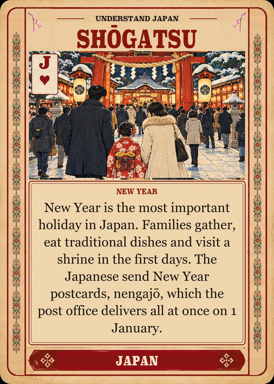 SHŌGATSU — New Year. New Year is the most important holiday in Japan. Families gather, eat traditional dishes and visit a shrine in the first days. The Japanese send New Year postcards, nengajō, which the post office delivers all at once on 1 January.