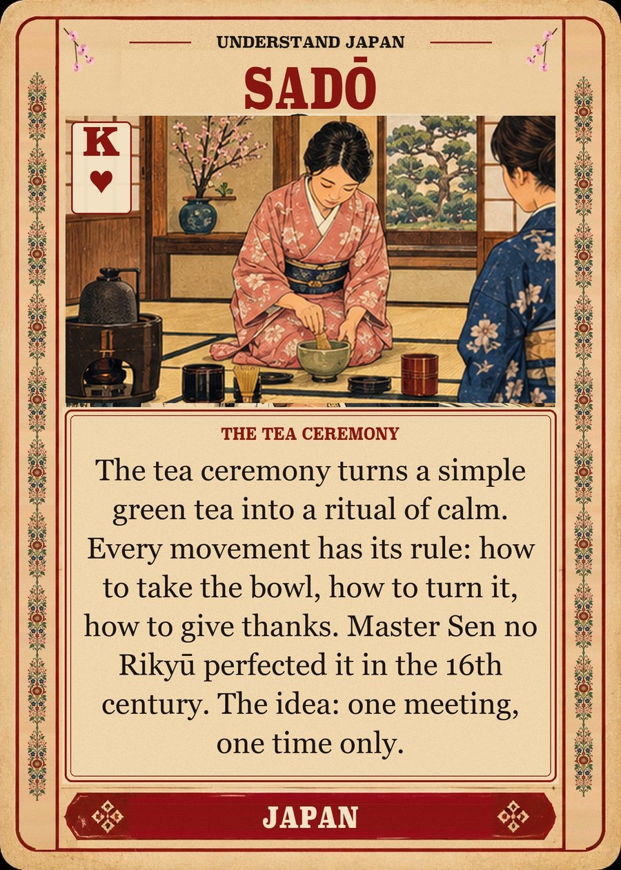SADŌ — the tea ceremony. The tea ceremony turns a simple green tea into a ritual of calm. Every movement has its rule: how to take the bowl, how to turn it, how to give thanks. Master Sen no Rikyū perfected it in the 16th century. The idea: one meeting, one time only.