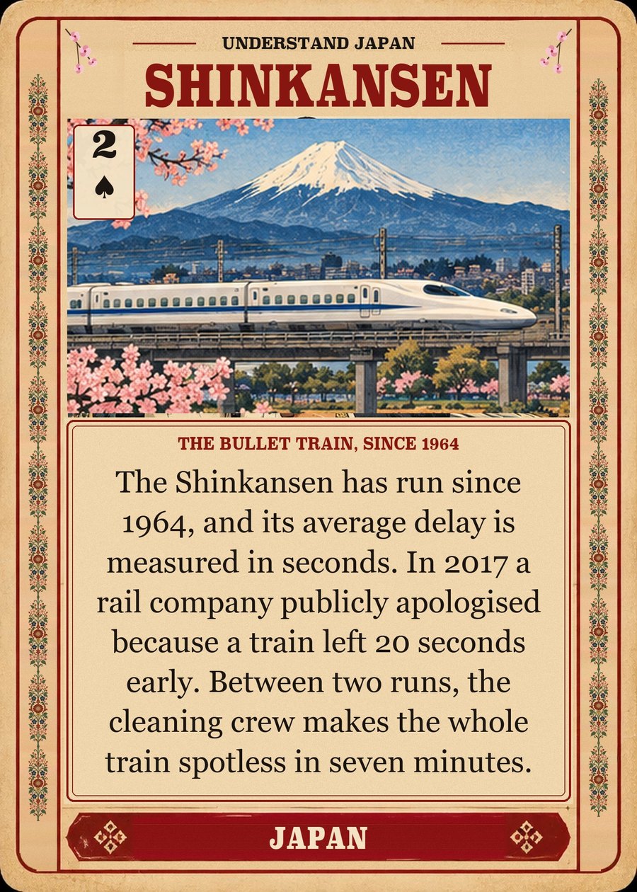 SHINKANSEN — the bullet train, since 1964. The Shinkansen has run since 1964, and its average delay is measured in seconds. In 2017 a rail company publicly apologised because a train left 20 seconds early. Between two runs, the cleaning crew makes the whole train spotless in seven minutes.