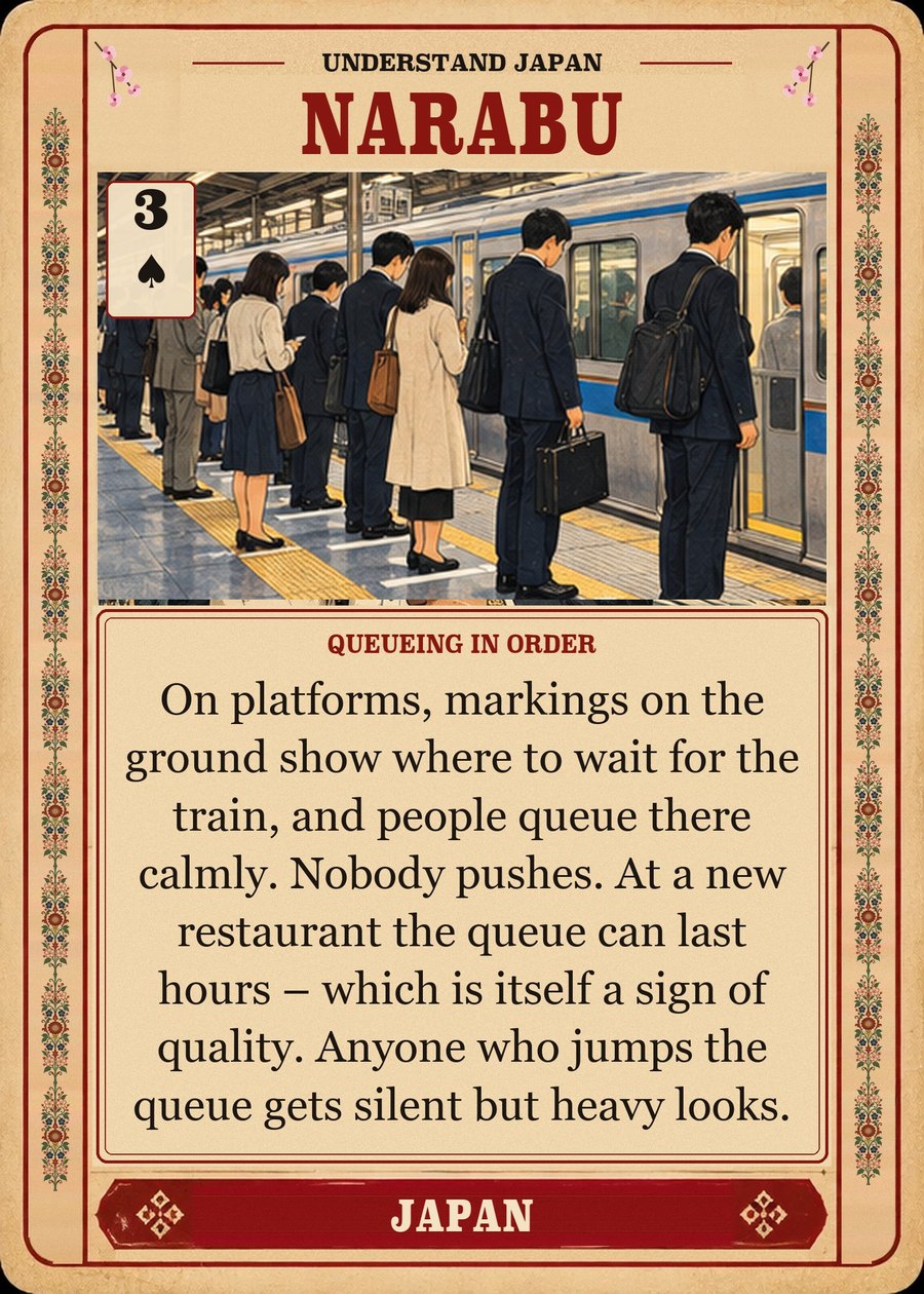 NARABU — queueing in order. On platforms, markings on the ground show where to wait for the train, and people queue there calmly. Nobody pushes. At a new restaurant the queue can last hours – which is itself a sign of quality. Anyone who jumps the queue gets silent but heavy looks.