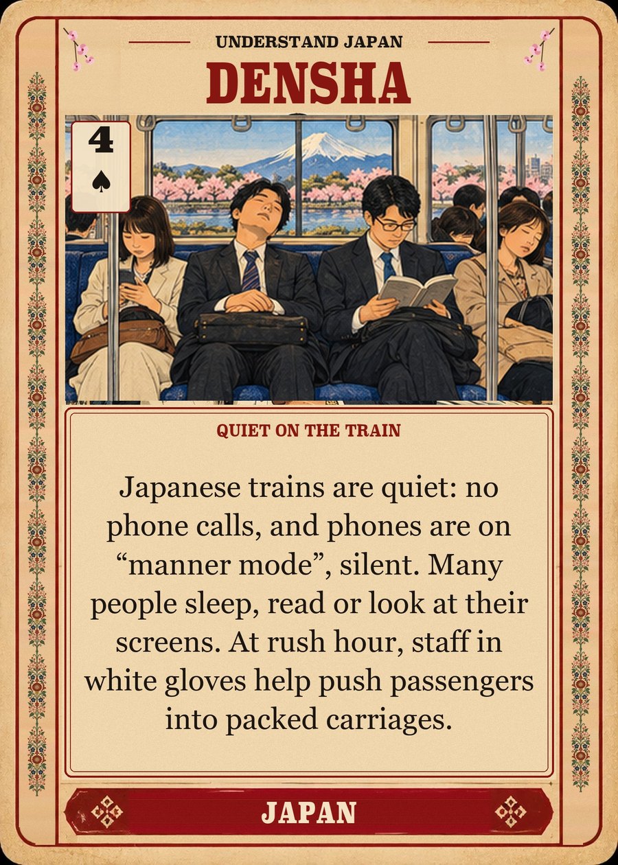 DENSHA — quiet on the train. Japanese trains are quiet: no phone calls, and phones are on “manner mode”, silent. Many people sleep, read or look at their screens. At rush hour, staff in white gloves help push passengers into packed carriages.