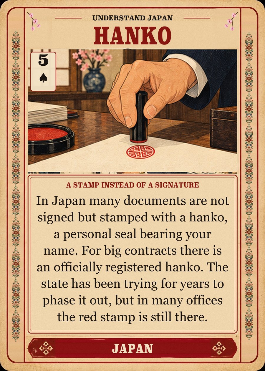 HANKO — a stamp instead of a signature. In Japan many documents are not signed but stamped with a hanko, a personal seal bearing your name. For big contracts there is an officially registered hanko. The state has been trying for years to phase it out, but in many offices the red stamp is still there.