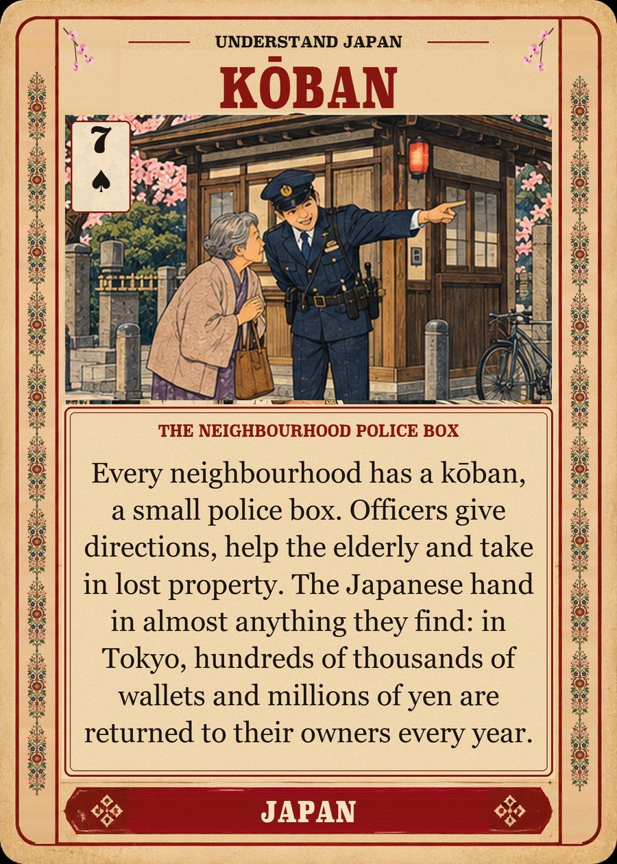 KŌBAN — the neighbourhood police box. Every neighbourhood has a kōban, a small police box. Officers give directions, help the elderly and take in lost property. The Japanese hand in almost anything they find: in Tokyo, hundreds of thousands of wallets and millions of yen are returned to their owners every year.