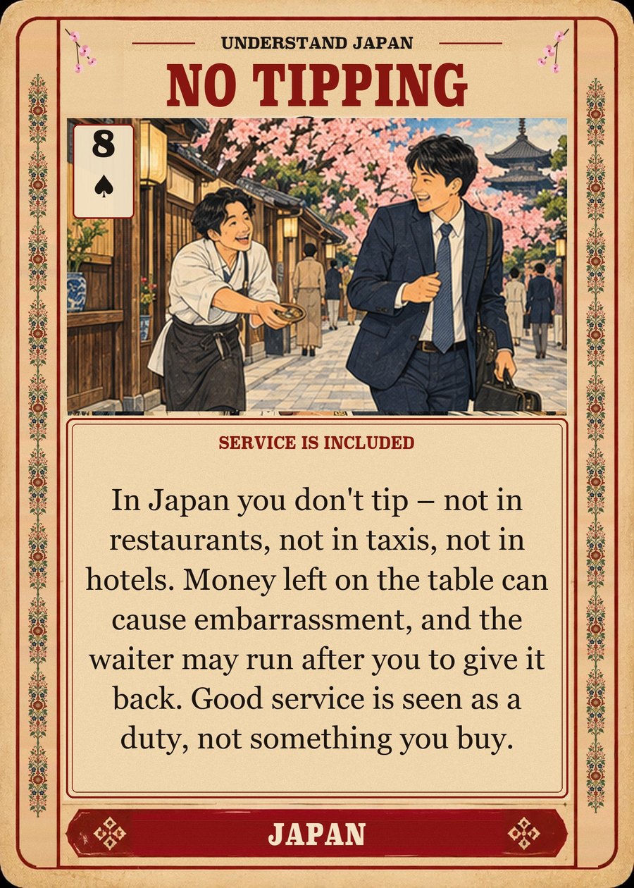 NO TIPPING — service is included. In Japan you don't tip – not in restaurants, not in taxis, not in hotels. Money left on the table can cause embarrassment, and the waiter may run after you to give it back. Good service is seen as a duty, not something you buy.