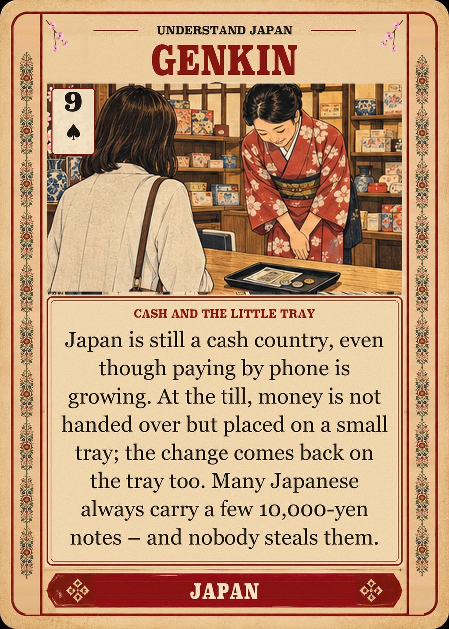 GENKIN — cash and the little tray. Japan is still a cash country, even though paying by phone is growing. At the till, money is not handed over but placed on a small tray; the change comes back on the tray too. Many Japanese always carry a few 10,000-yen notes – and nobody steals them.