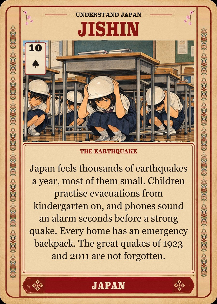 JISHIN — the earthquake. Japan feels thousands of earthquakes a year, most of them small. Children practise evacuations from kindergarten on, and phones sound an alarm seconds before a strong quake. Every home has an emergency backpack. The great quakes of 1923 and 2011 are not forgotten.