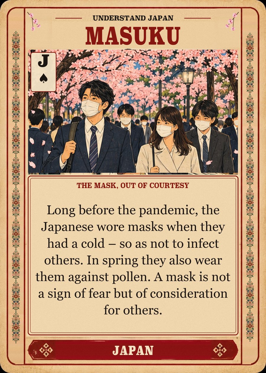 MASUKU — the mask, out of courtesy. Long before the pandemic, the Japanese wore masks when they had a cold – so as not to infect others. In spring they also wear them against pollen. A mask is not a sign of fear but of consideration for others.