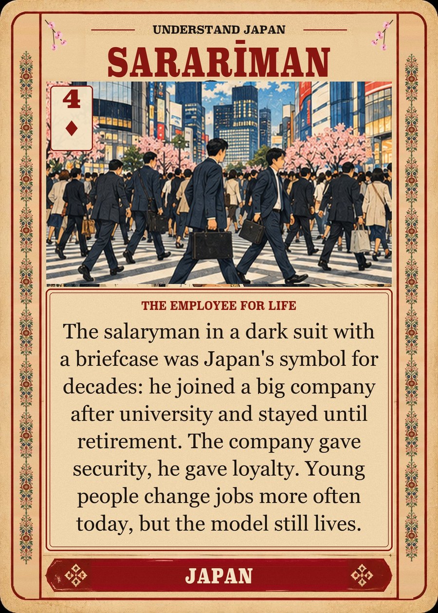 SARARĪMAN — the employee for life. The salaryman in a dark suit with a briefcase was Japan's symbol for decades: he joined a big company after university and stayed until retirement. The company gave security, he gave loyalty. Young people change jobs more often today, but the model still lives.