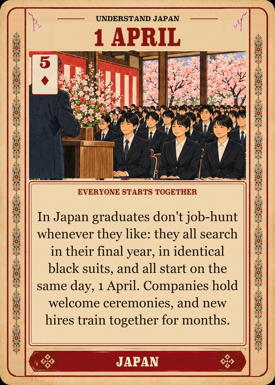 1 APRIL — everyone starts together. In Japan graduates don't job-hunt whenever they like: they all search in their final year, in identical black suits, and all start on the same day, 1 April. Companies hold welcome ceremonies, and new hires train together for months.