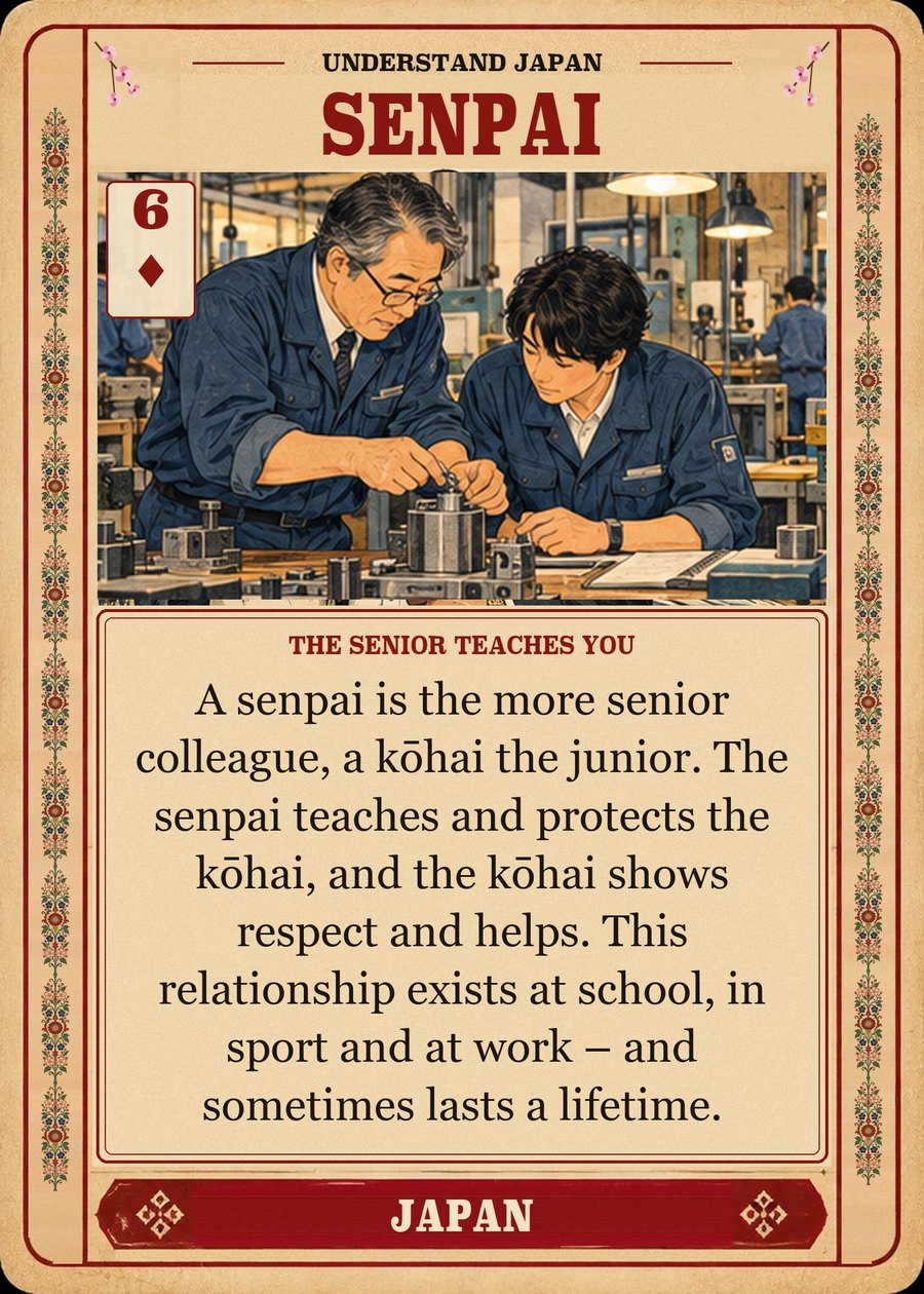 SENPAI — the senior teaches you. A senpai is the more senior colleague, a kōhai the junior. The senpai teaches and protects the kōhai, and the kōhai shows respect and helps. This relationship exists at school, in sport and at work – and sometimes lasts a lifetime.
