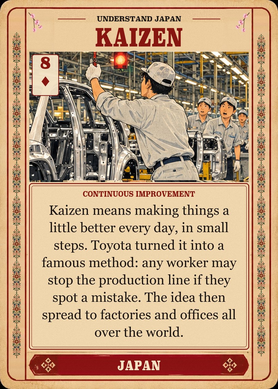 KAIZEN — continuous improvement. Kaizen means making things a little better every day, in small steps. Toyota turned it into a famous method: any worker may stop the production line if they spot a mistake. The idea then spread to factories and offices all over the world.