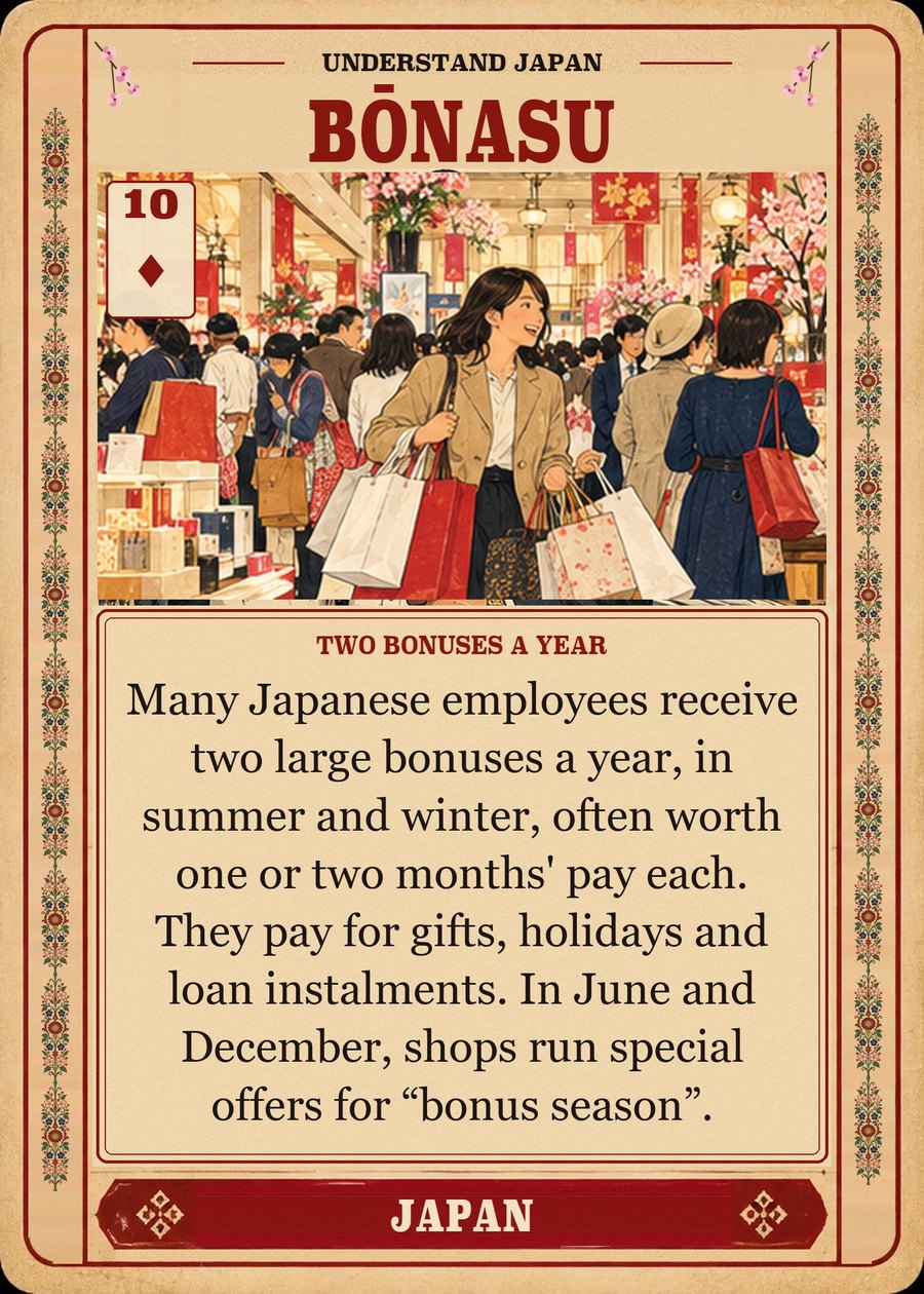 BŌNASU — two bonuses a year. Many Japanese employees receive two large bonuses a year, in summer and winter, often worth one or two months' pay each. They pay for gifts, holidays and loan instalments. In June and December, shops run special offers for “bonus season”.