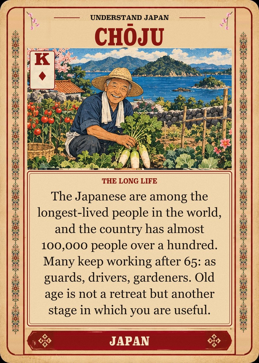 CHŌJU — the long life. The Japanese are among the longest-lived people in the world, and the country has almost 100,000 people over a hundred. Many keep working after 65: as guards, drivers, gardeners. Old age is not a retreat but another stage in which you are useful.