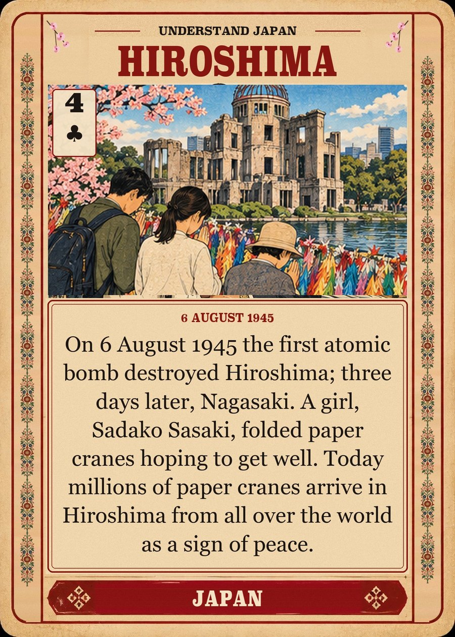 HIROSHIMA — 6 August 1945. On 6 August 1945 the first atomic bomb destroyed Hiroshima; three days later, Nagasaki. A girl, Sadako Sasaki, folded paper cranes hoping to get well. Today millions of paper cranes arrive in Hiroshima from all over the world as a sign of peace.