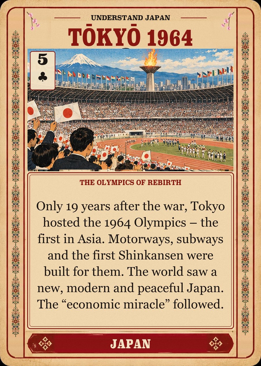TŌKYŌ 1964 — the Olympics of rebirth. Only 19 years after the war, Tokyo hosted the 1964 Olympics – the first in Asia. Motorways, subways and the first Shinkansen were built for them. The world saw a new, modern and peaceful Japan. The “economic miracle” followed.