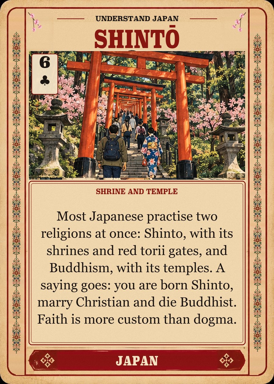 SHINTŌ — shrine and temple. Most Japanese practise two religions at once: Shinto, with its shrines and red torii gates, and Buddhism, with its temples. A saying goes: you are born Shinto, marry Christian and die Buddhist. Faith is more custom than dogma.