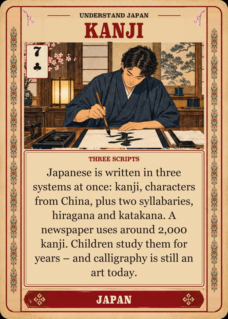 KANJI — three scripts. Japanese is written in three systems at once: kanji, characters from China, plus two syllabaries, hiragana and katakana. A newspaper uses around 2,000 kanji. Children study them for years – and calligraphy is still an art today.