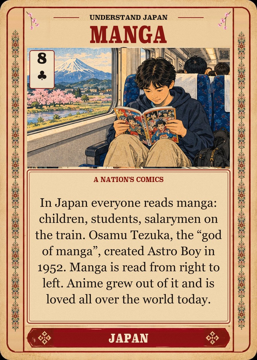 MANGA — a nation's comics. In Japan everyone reads manga: children, students, salarymen on the train. Osamu Tezuka, the “god of manga”, created Astro Boy in 1952. Manga is read from right to left. Anime grew out of it and is loved all over the world today.