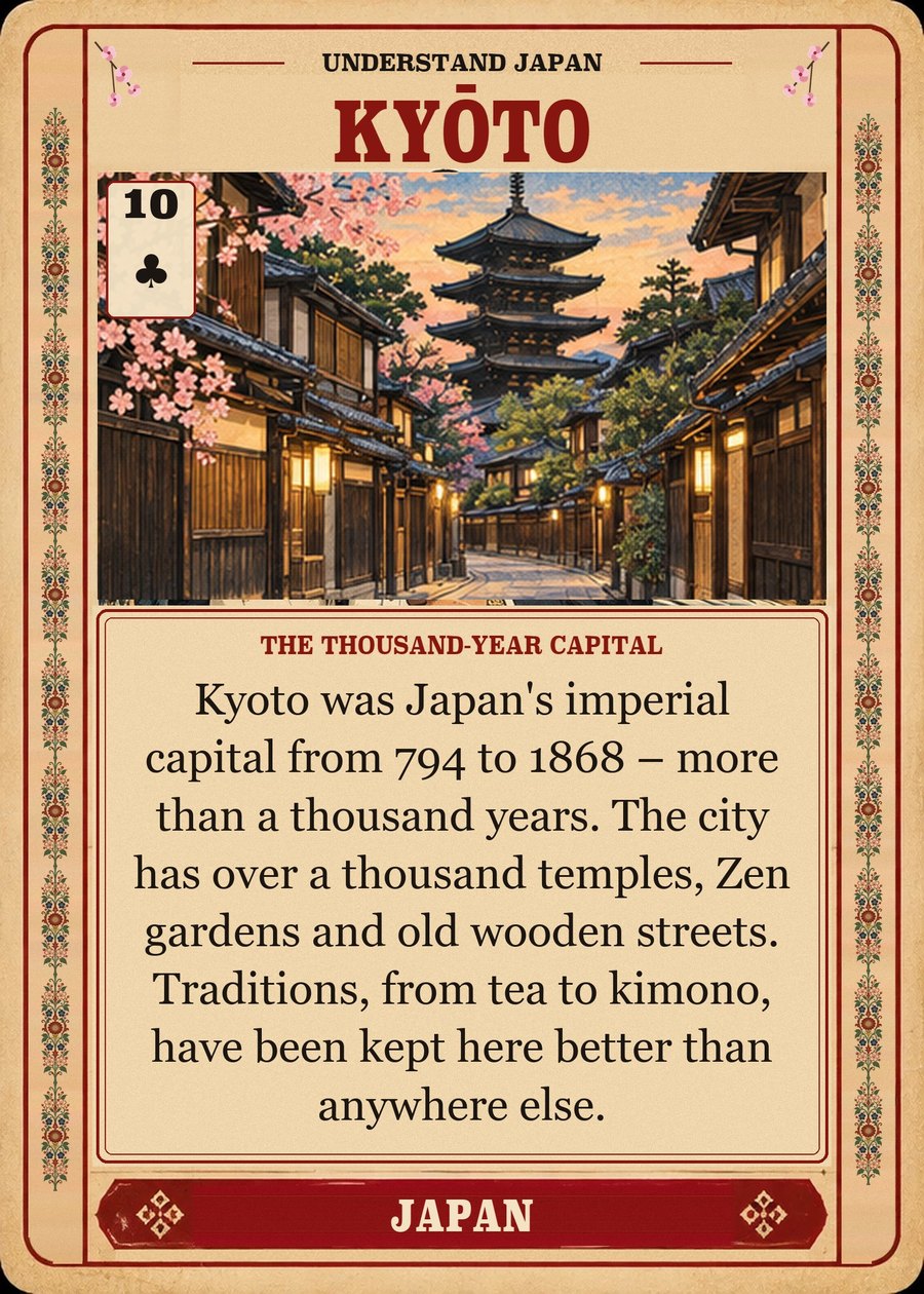 KYŌTO — the thousand-year capital. Kyoto was Japan's imperial capital from 794 to 1868 – more than a thousand years. The city has over a thousand temples, Zen gardens and old wooden streets. Traditions, from tea to kimono, have been kept here better than anywhere else.