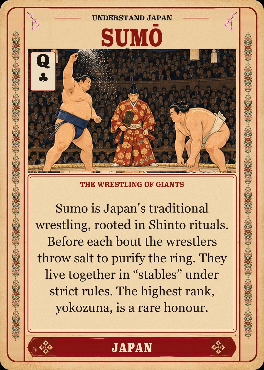 SUMŌ — the wrestling of giants. Sumo is Japan's traditional wrestling, rooted in Shinto rituals. Before each bout the wrestlers throw salt to purify the ring. They live together in “stables” under strict rules. The highest rank, yokozuna, is a rare honour.