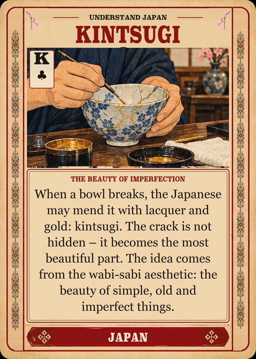 KINTSUGI — the beauty of imperfection. When a bowl breaks, the Japanese may mend it with lacquer and gold: kintsugi. The crack is not hidden – it becomes the most beautiful part. The idea comes from the wabi-sabi aesthetic: the beauty of simple, old and imperfect things.