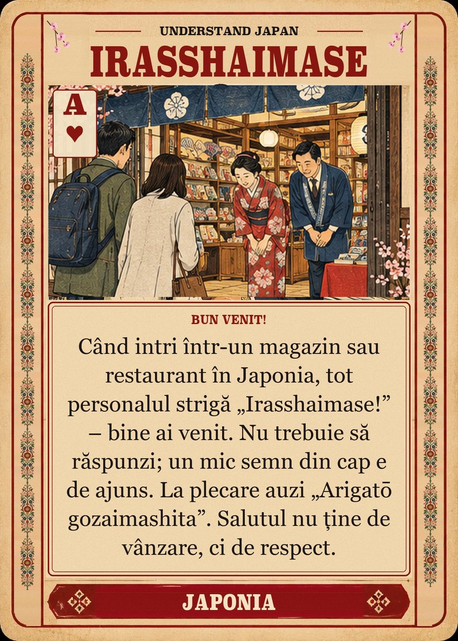 IRASSHAIMASE — bun venit!. Când intri într-un magazin sau restaurant în Japonia, tot personalul strigă „Irasshaimase!” – bine ai venit. Nu trebuie să răspunzi; un mic semn din cap e de ajuns. La plecare auzi „Arigatō gozaimashita”. Salutul nu ține de vânzare, ci de respect.