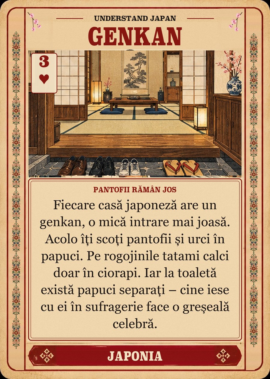 GENKAN — pantofii rămân jos. Fiecare casă japoneză are un genkan, o mică intrare mai joasă. Acolo îți scoți pantofii și urci în papuci. Pe rogojinile tatami calci doar în ciorapi. Iar la toaletă există papuci separați – cine iese cu ei în sufragerie face o greșeală celebră.