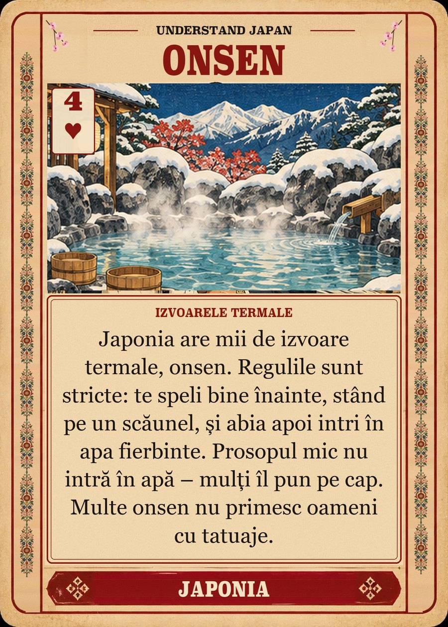 ONSEN — izvoarele termale. Japonia are mii de izvoare termale, onsen. Regulile sunt stricte: te speli bine înainte, stând pe un scăunel, și abia apoi intri în apa fierbinte. Prosopul mic nu intră în apă – mulți îl pun pe cap. Multe onsen nu primesc oameni cu tatuaje.