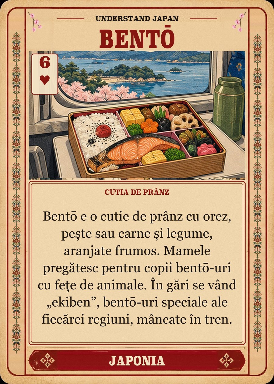 BENTŌ — cutia de prânz. Bentō e o cutie de prânz cu orez, pește sau carne și legume, aranjate frumos. Mamele pregătesc pentru copii bentō-uri cu fețe de animale. În gări se vând „ekiben”, bentō-uri speciale ale fiecărei regiuni, mâncate în tren.