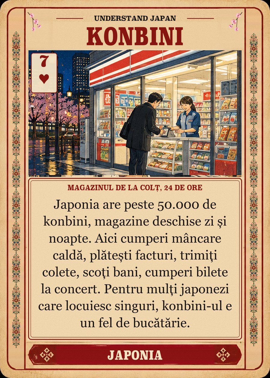 KONBINI — magazinul de la colț, 24 de ore. Japonia are peste 50.000 de konbini, magazine deschise zi și noapte. Aici cumperi mâncare caldă, plătești facturi, trimiți colete, scoți bani, cumperi bilete la concert. Pentru mulți japonezi care locuiesc singuri, konbini-ul e un fel de bucătărie.