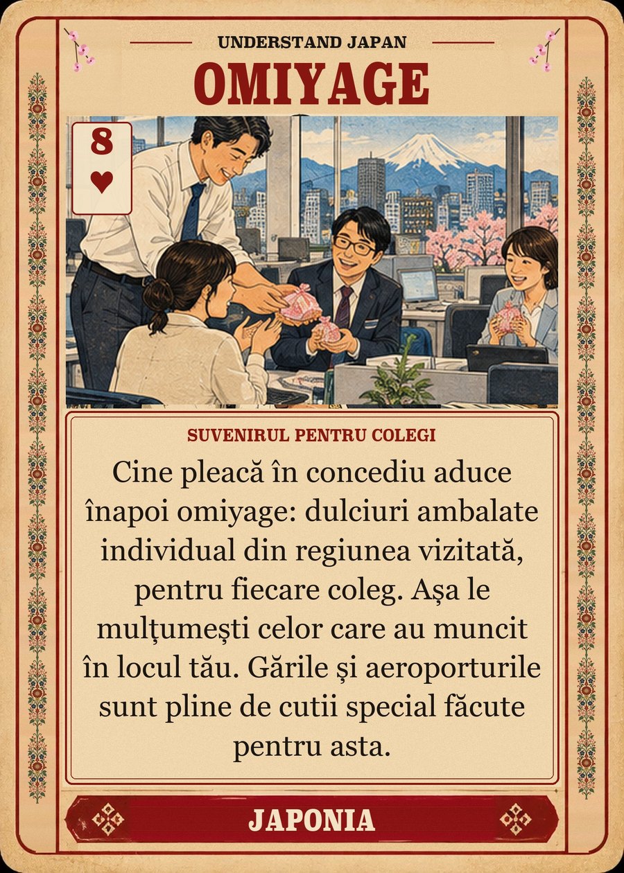 OMIYAGE — suvenirul pentru colegi. Cine pleacă în concediu aduce înapoi omiyage: dulciuri ambalate individual din regiunea vizitată, pentru fiecare coleg. Așa le mulțumești celor care au muncit în locul tău. Gările și aeroporturile sunt pline de cutii special făcute pentru asta.