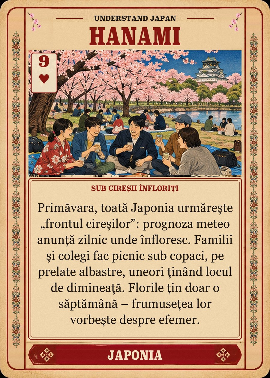 HANAMI — sub cireșii înfloriți. Primăvara, toată Japonia urmărește „frontul cireșilor”: prognoza meteo anunță zilnic unde înfloresc. Familii și colegi fac picnic sub copaci, pe prelate albastre, uneori ținând locul de dimineață. Florile țin doar o săptămână – frumusețea lor vorbește despre efemer.
